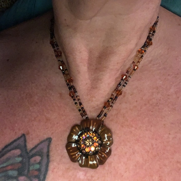 Vintage Sunflower w/ ab & citrine crystals w/ seed bead necklace - Picture 6 of 9